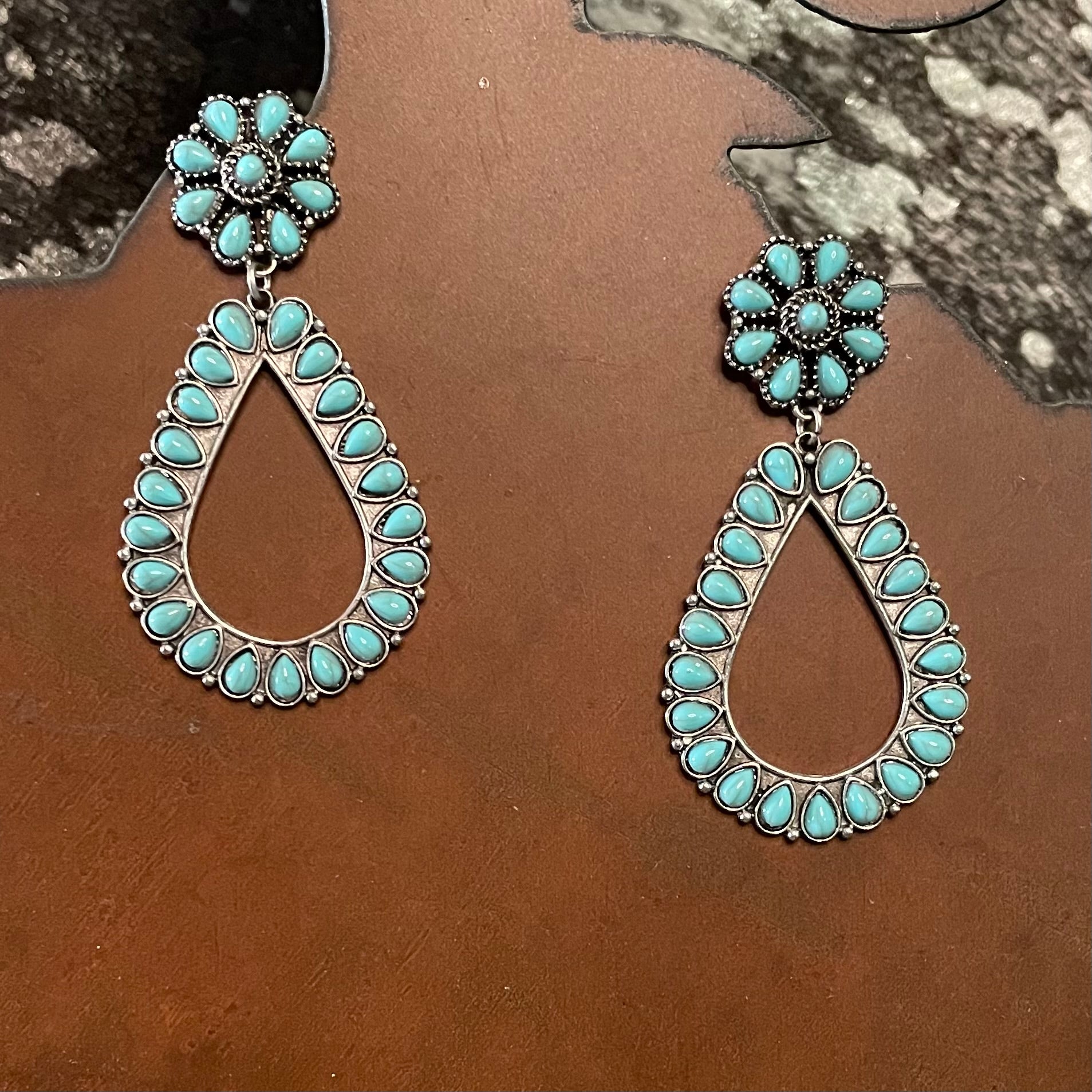 FAUX Turquoise Floral Concho Teardrop Earrings