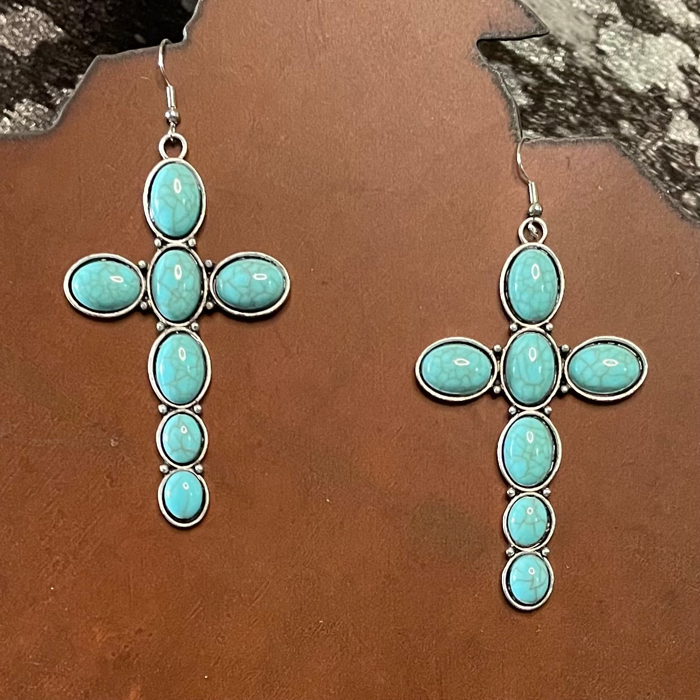 FAUX 3" Turquoise Cross Dangle Earrings