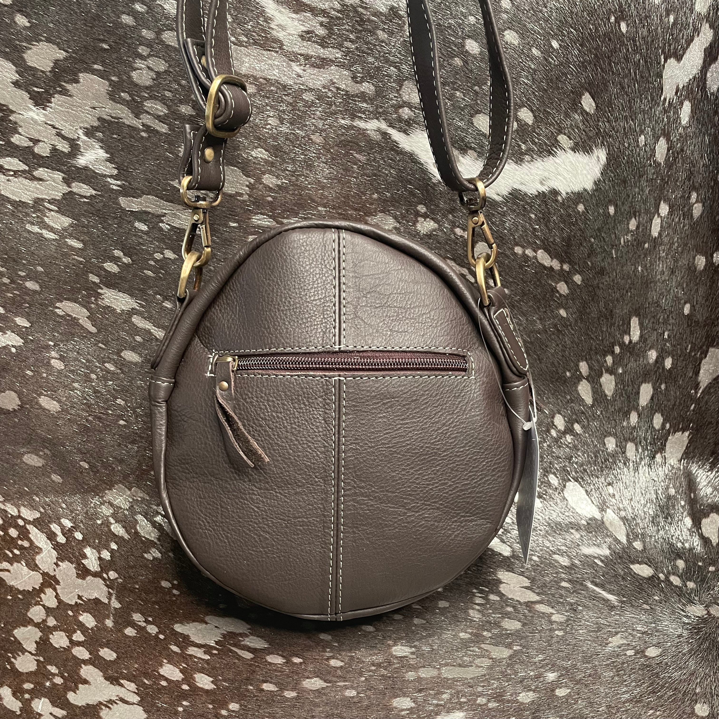 Round Leather Cowhide Crossbody Purse