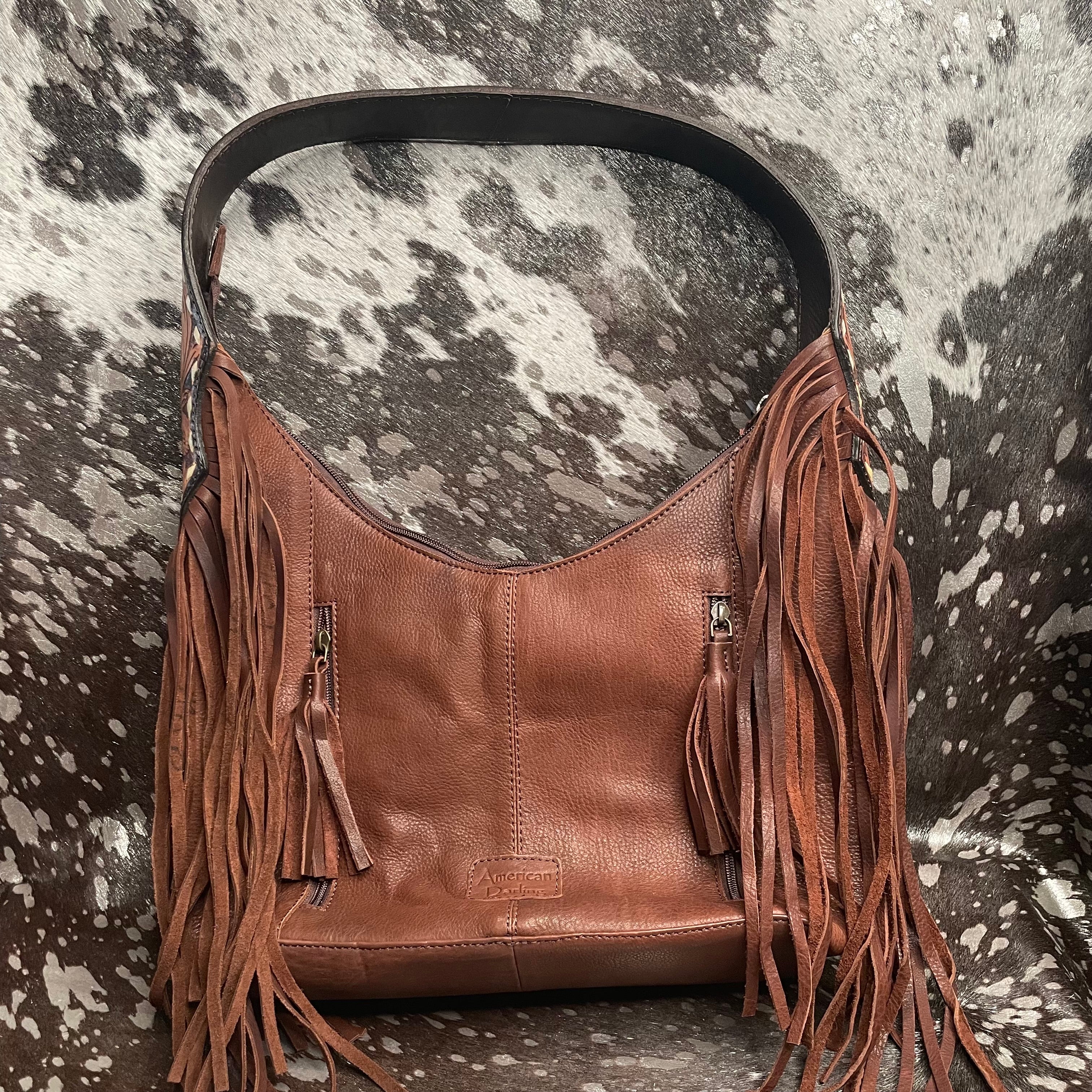 American Darling Hair on Hide Hobo Bag with Sunflower Tooling