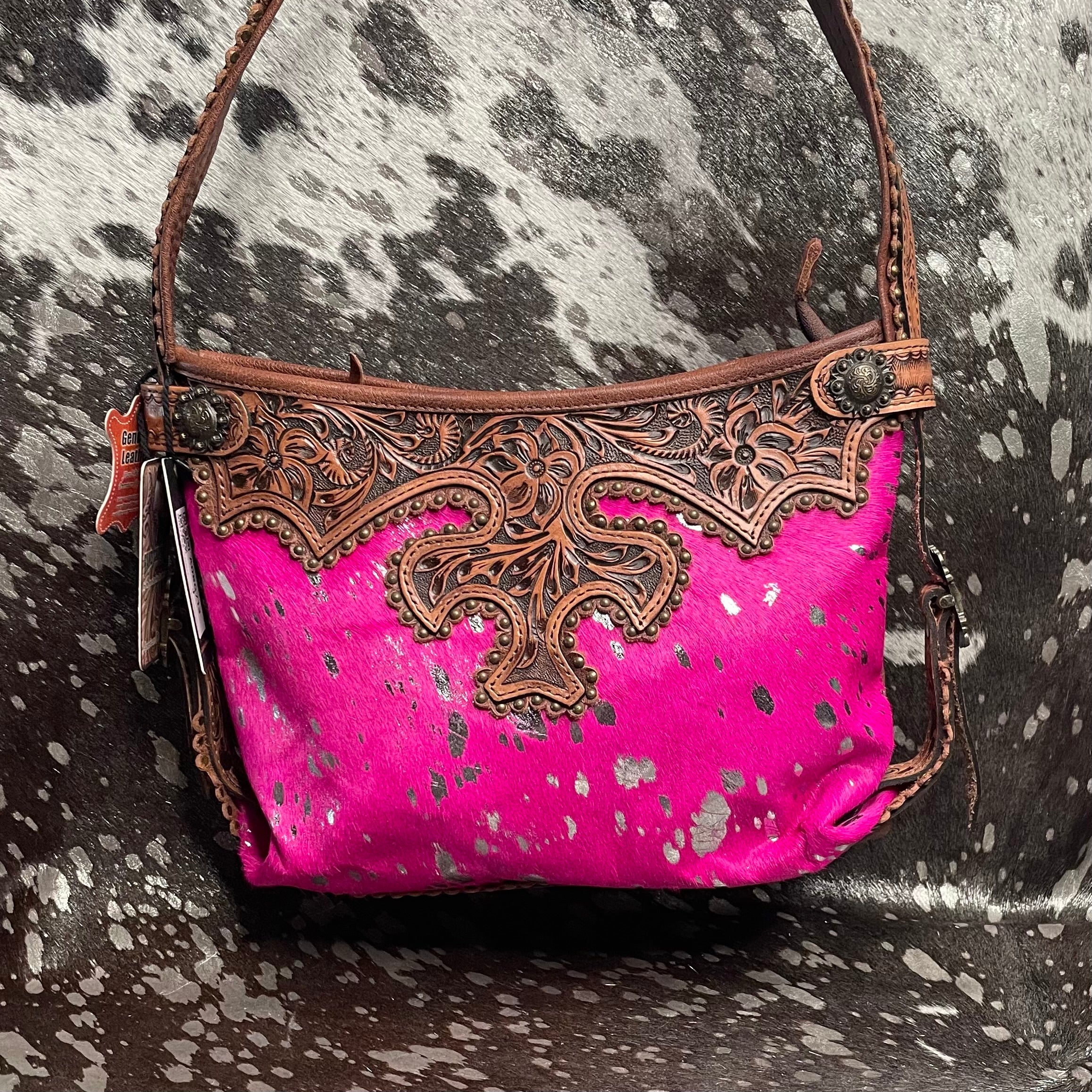 American Darling Hot Pink and Silver Acid Wash Cowhide Tooled Leather Handbag