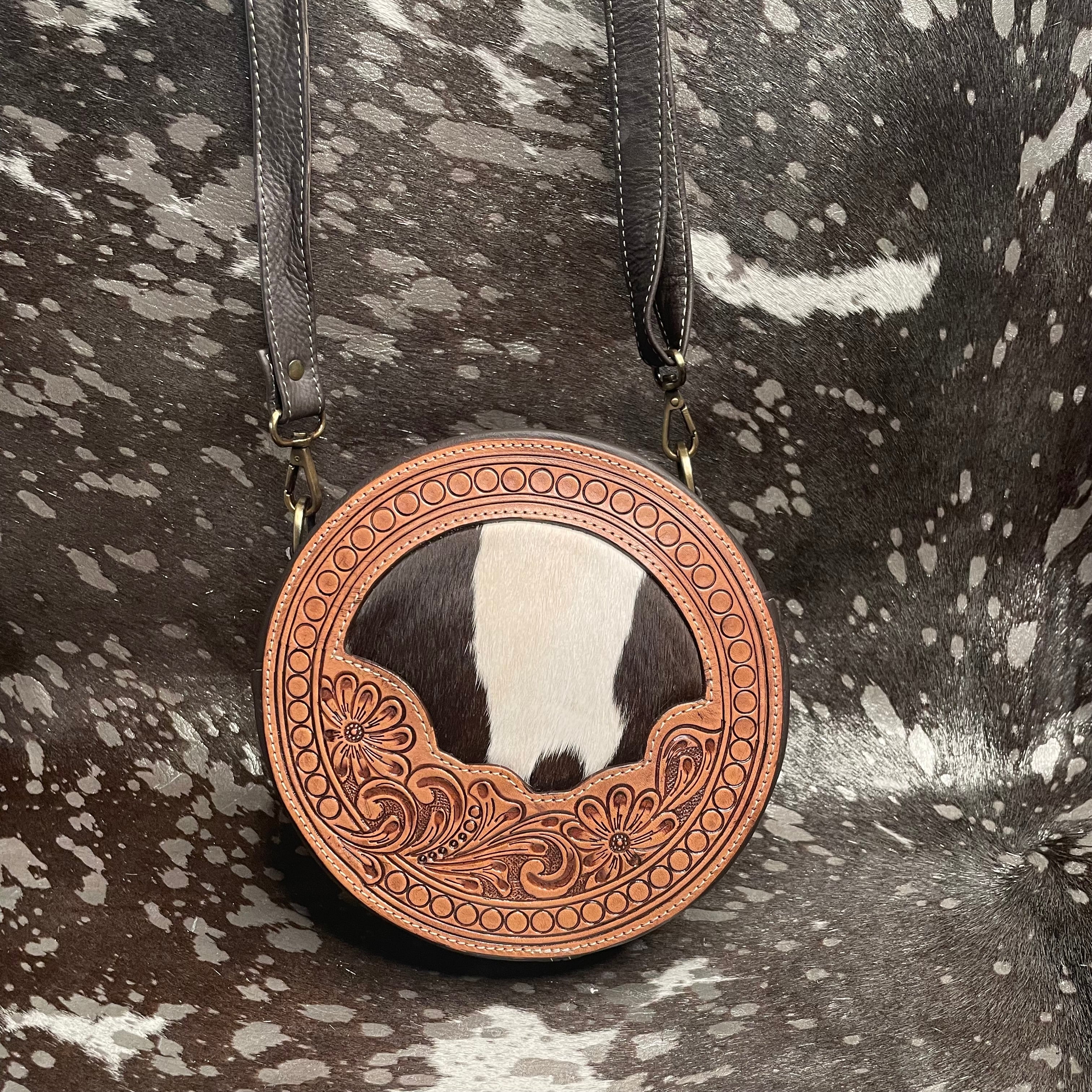 Round Leather Cowhide Crossbody Purse