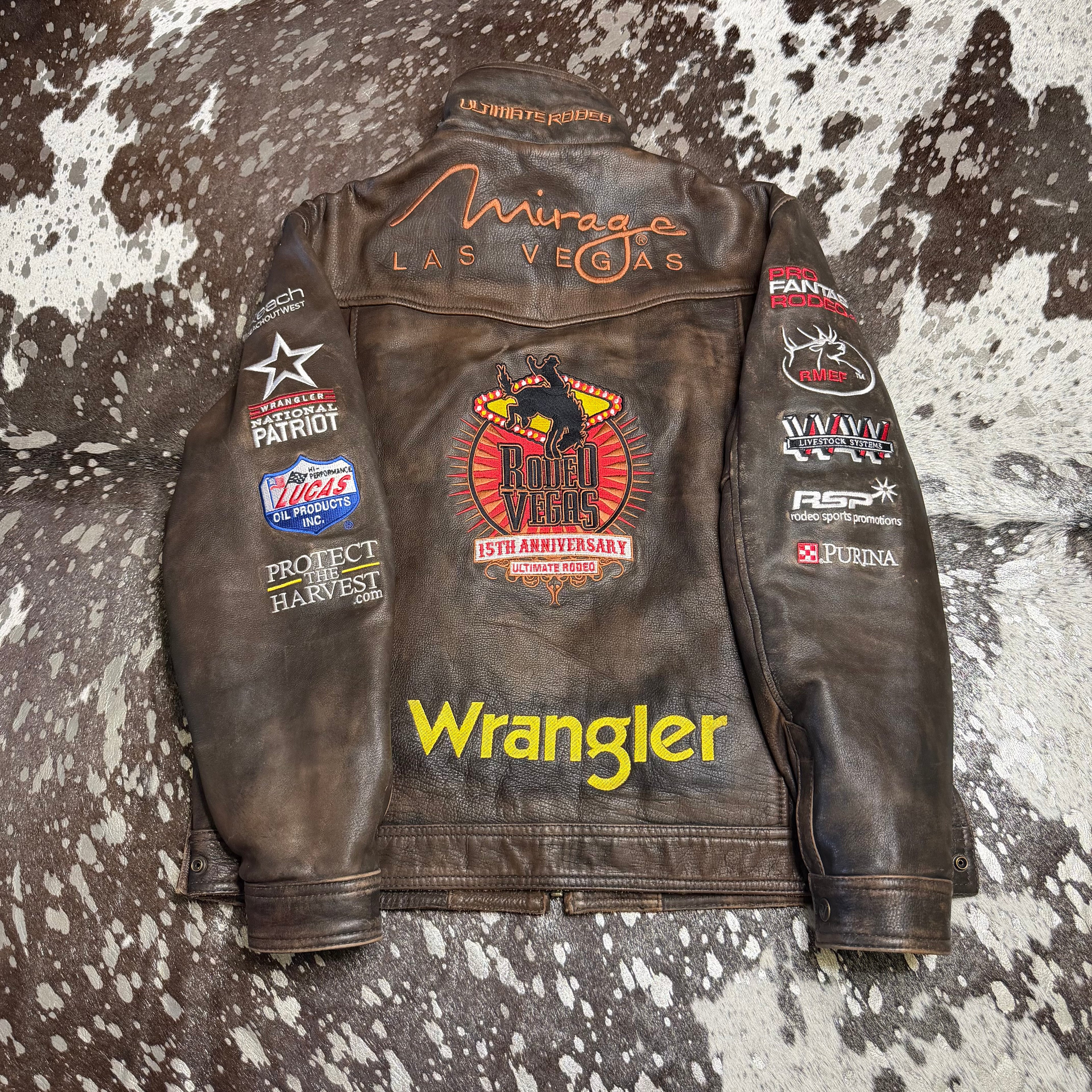 Limited Edition Brown leather Rodeo Vegas jacket with sponsor logos