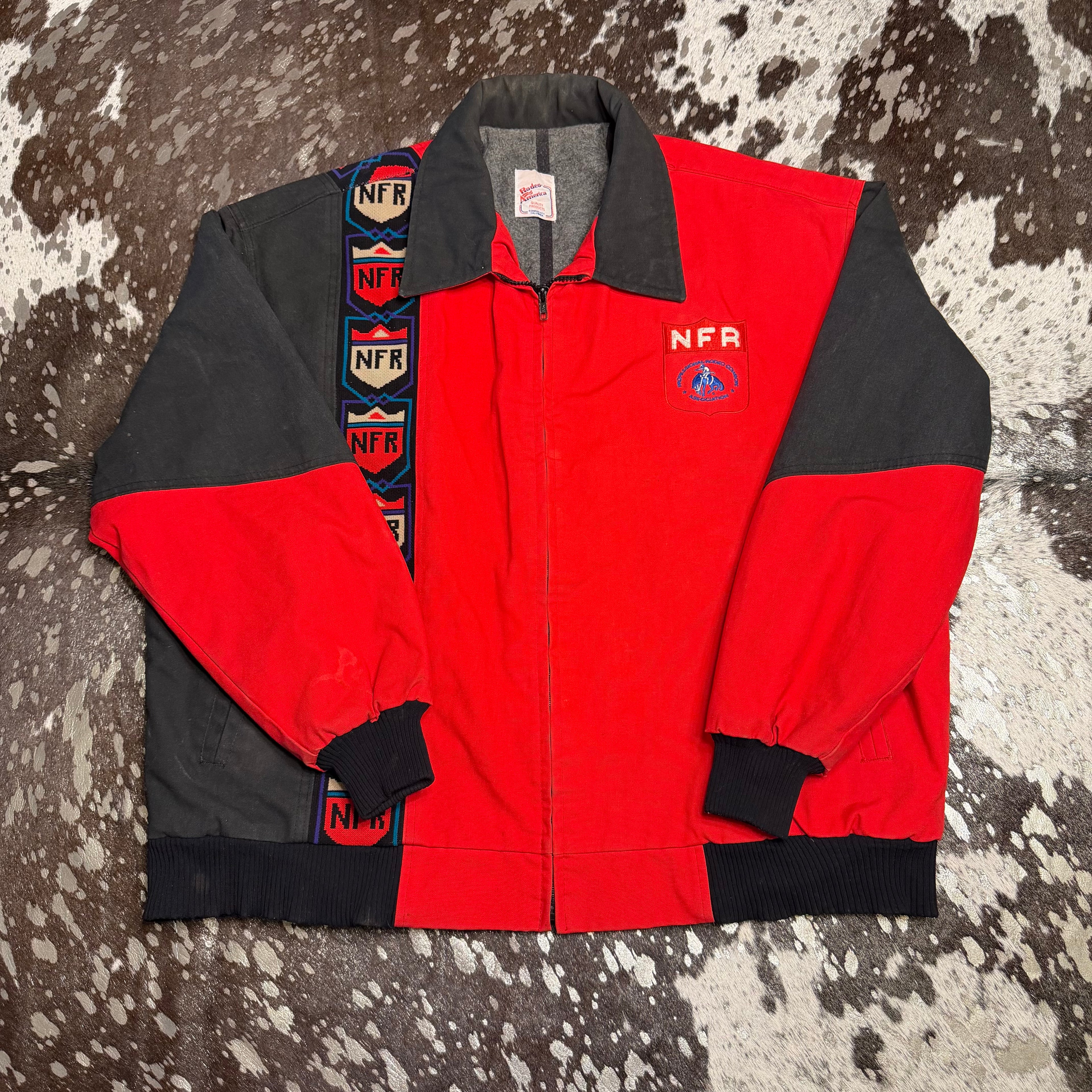 Red and black jacket with 'NFR' branding 