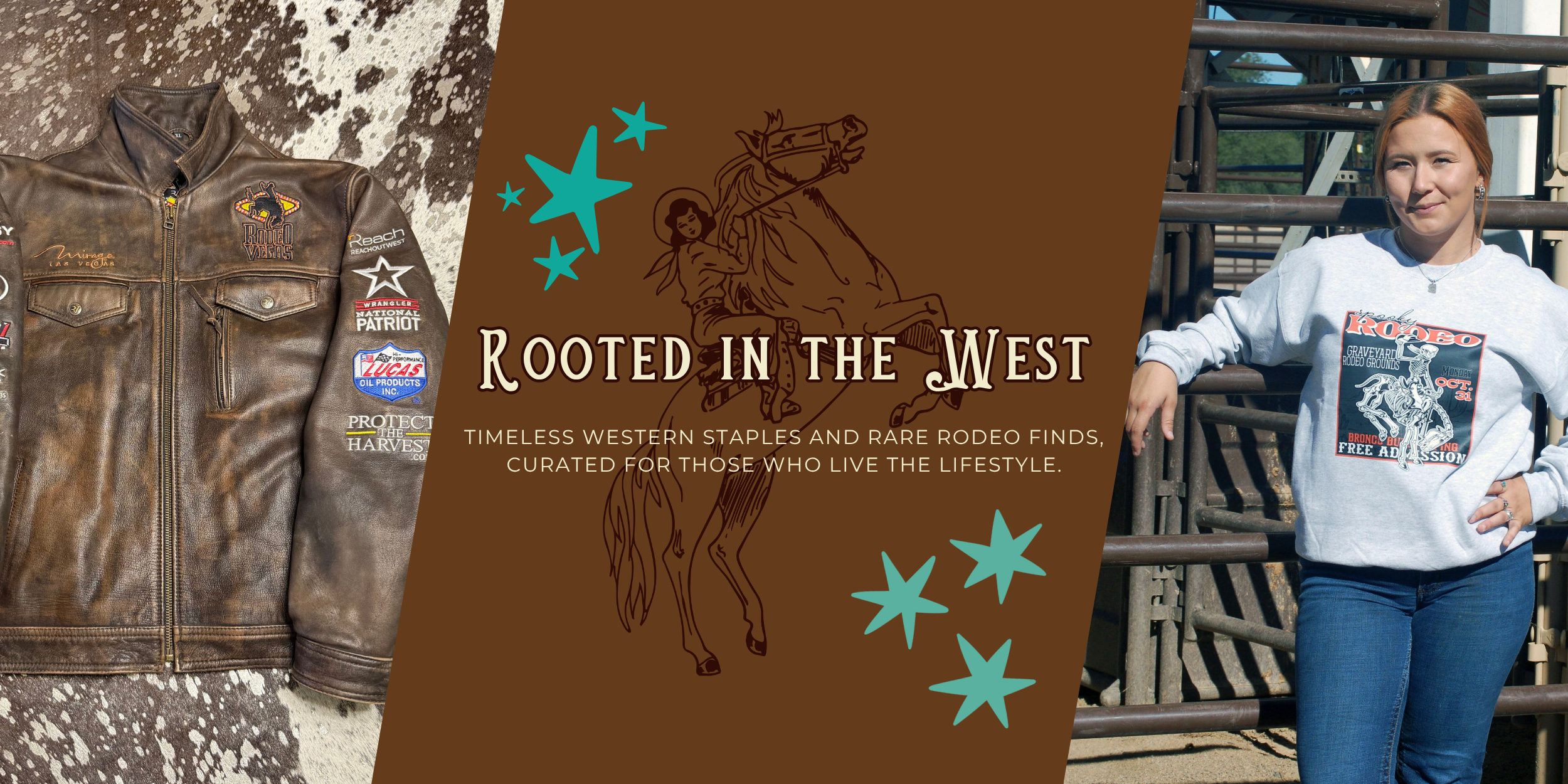 Promotional banner for 'Rooted in the West' with leather jacket, woman in branded t-shirt, and text about western lifestyle products.