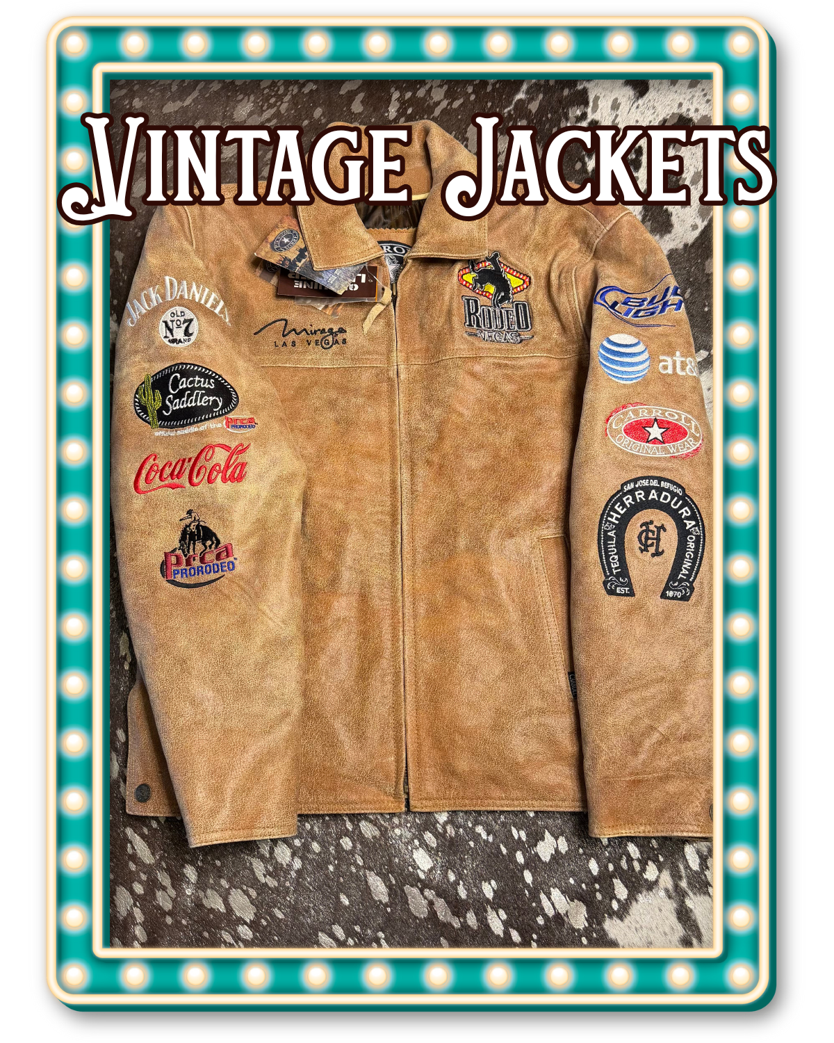 Vintage jacket with brand logos on a decorative sign with 'Vintage Jackets' text.